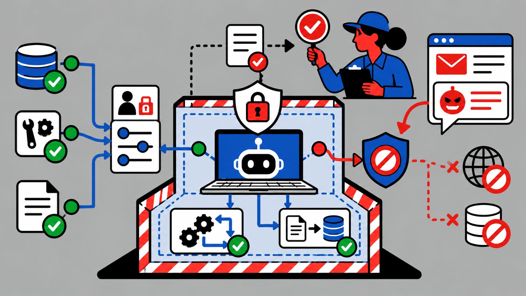 An illustration of a sandboxed AI agent: approved data, tools, permissions, and documents flow in on the left with green checkmarks, while a malicious message is blocked by a shield on the right, with red X marks over an unapproved network and database it cannot reach.