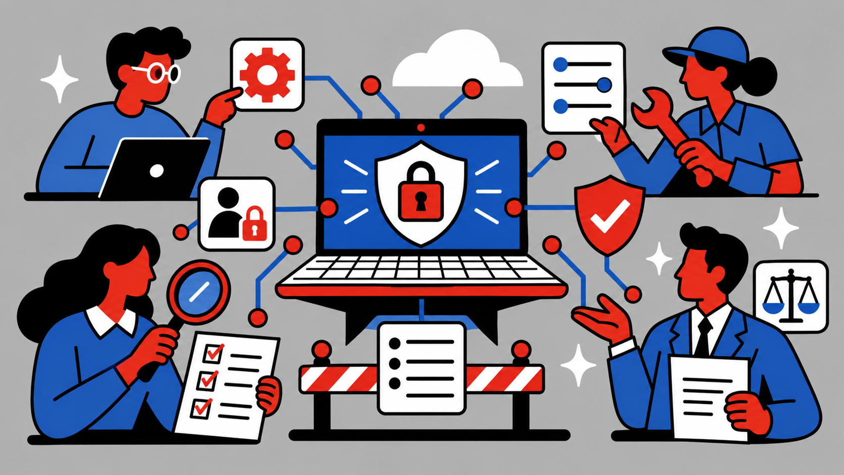 An illustration of four figures — a developer, an engineer, a reviewer with a checklist, and a lawyer — surrounding a laptop displaying a security shield and lock, connected by lines representing shared responsibility.
