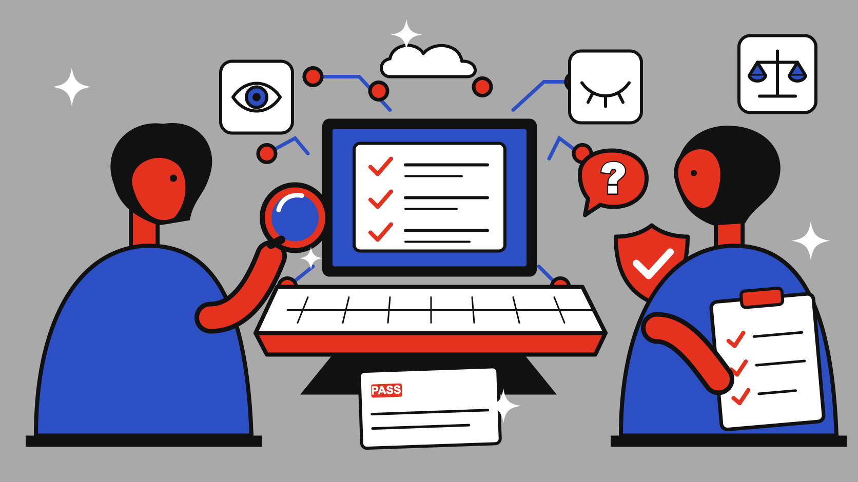 An illustration of two people flanking a laptop that shows a checklist of ticked principles. One holds a magnifying glass, the other a clipboard. Around them are an open eye, a closed eye, a question mark, a shield with a check, and a set of scales.