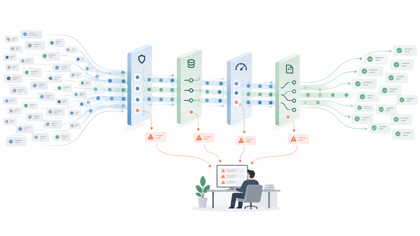 An illustration of many incoming requests flowing through four filtering stages—security, data, rate limits, and document checks—with most passing through to green checkmarks on the right while a handful of flagged exceptions escalate to a single reviewer at a desk.